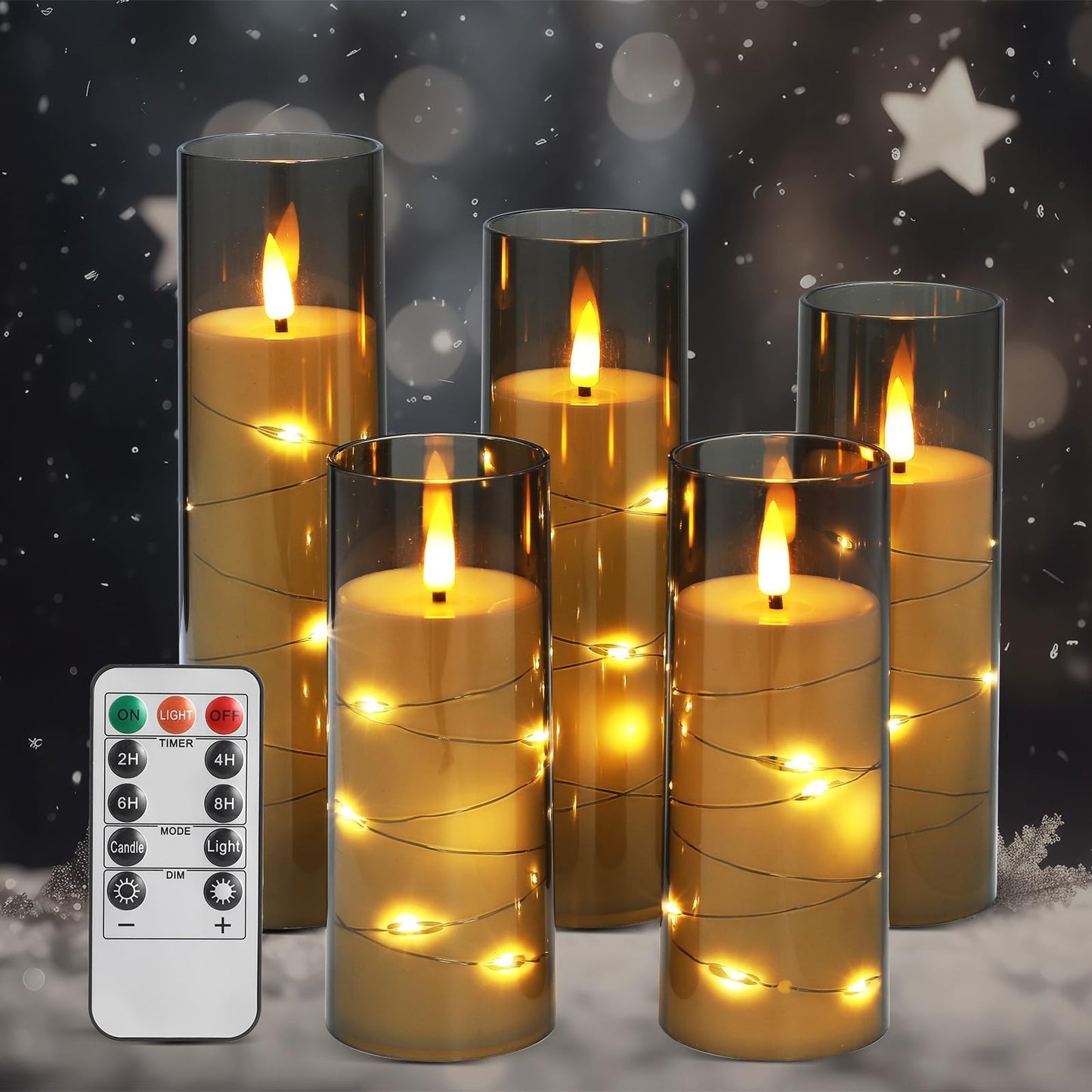 5 Pcs Christmas Pillar Flameless LED Candles 6 Inch Christmas Candles with Embedded Star String Battery Operated Flickering Candlestick for Xmas Holiday Party Wedding Decor