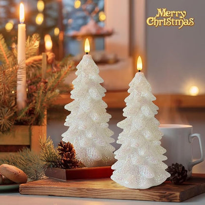Christmas Tree Shaped Flickering Flameless Candles, Glittering White Real Wax Battery Operated LED Candles with Timer for Christmas Home Party Decoration Set of 2