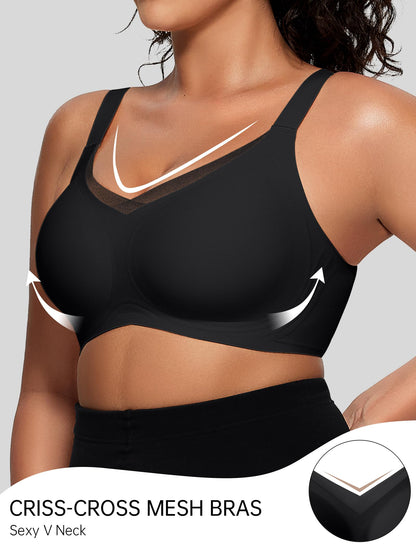 OEAK Womens Wireless Bras V Mesh Comfortable Bralette Supportive Tshirt Bra No Underwire Seamless Push Up Everyday Bras