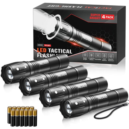 RECHOO LED Flashlight 2 Pack, Tactical Flashlights High Lumens with 3 Modes, Pocket Small Flash Light, Waterproof Zoomable Flashlights for Home Emergency, Camping Essentials (Battery Included)