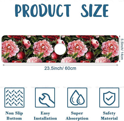 Blooming Peony Sink Splash Guard Pink Peony Flowers Faucet Absorbing Mat Fast