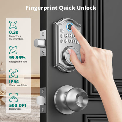 Keyless Entry Door Lock with Handle Set - Fingerprint Door Locks, Electronic Keypad Deadbolt, Smart Locks for Front Door, Auto-Lock & One Touch Locking, Easy Installation - Satin Nickel