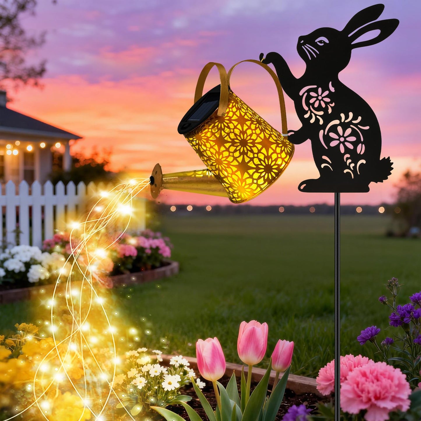 Solar Watering Can Lights, Bunny Hanging Lantern Solar Lights Outdoor, Rabbits Lover Gifts for Mom Women Birthday Mother's Day Christmas, Waterproof Garden Decor Outside Patio Yard Pathway Backyard