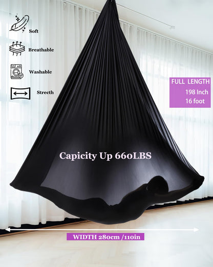 F.Life Aerial Yoga Hammock 5.5 Yards Include Daisy Chain,Carabiner and Pose Guide (Black)