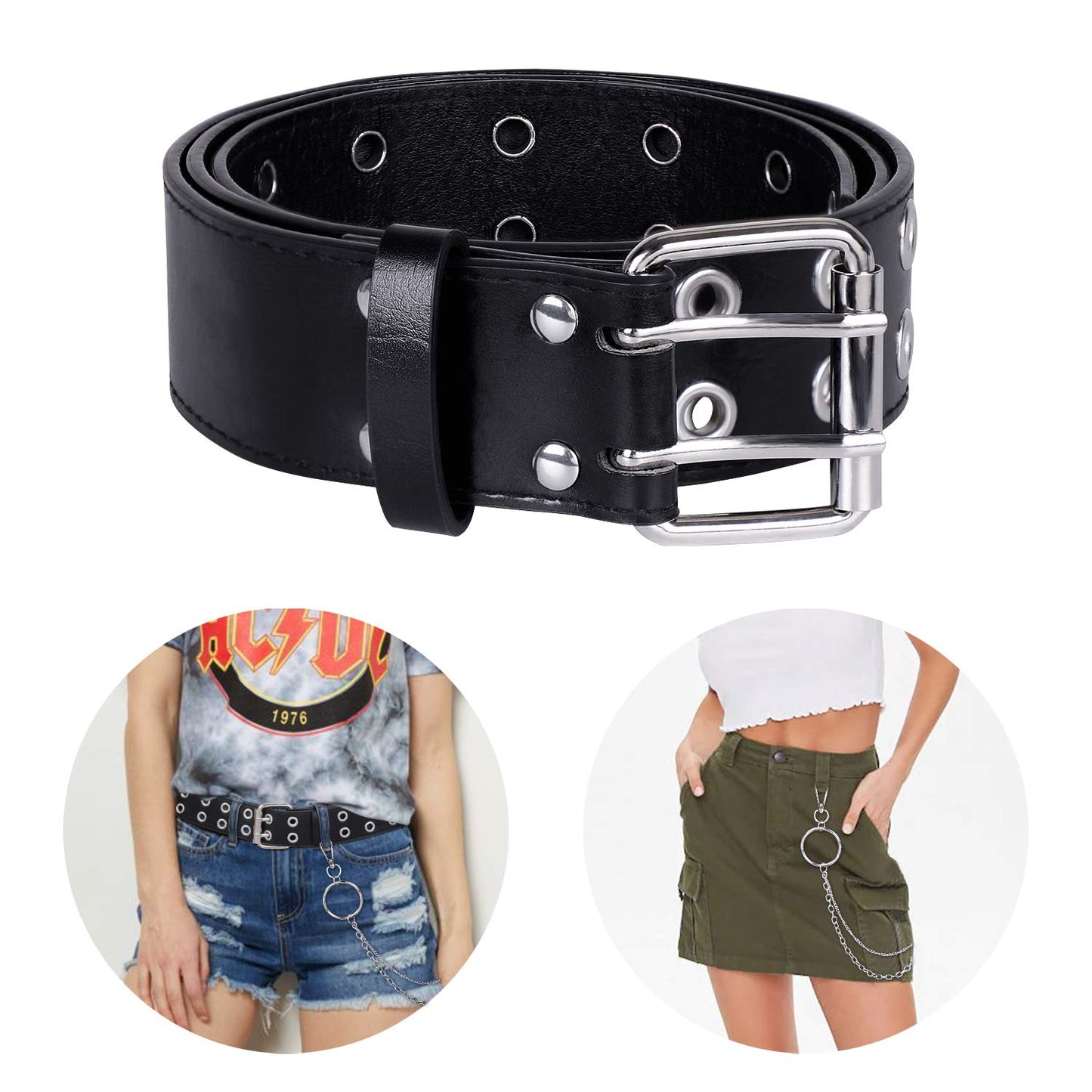WHIPPY Double Grommet Belt with Chain for Women Men PU Leather Double Prong Buckle Punk Rock Jeans Waist Belts (Black, M)