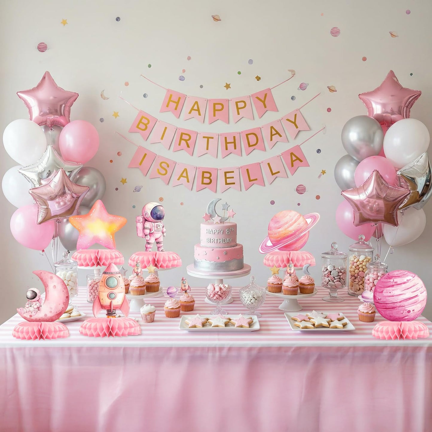 12 Pcs Pink Space Baby Shower Decorations for Girl - Outer Space Girl Party Supplies - Pink Astronaut Rocket Moon Star Centerpieces for Tables - Galaxy Honeycomb Table Decor for Baby Shower