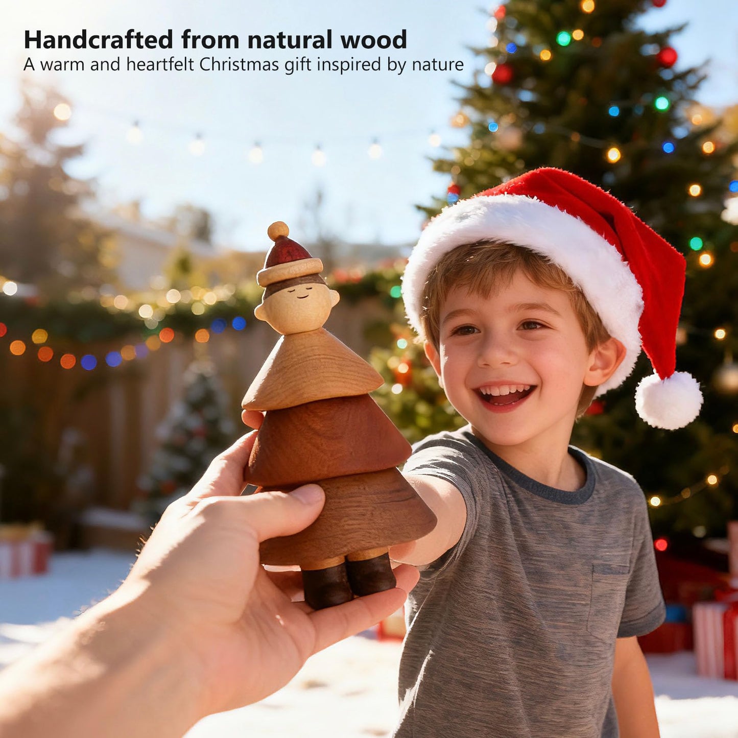 YANISM Christmas Tree Boy Figurine,Wooden Christmas Decoration,Creative Tree & Boy Design,Rustic for Her or Him,Natural Wood Christmas Home Decor