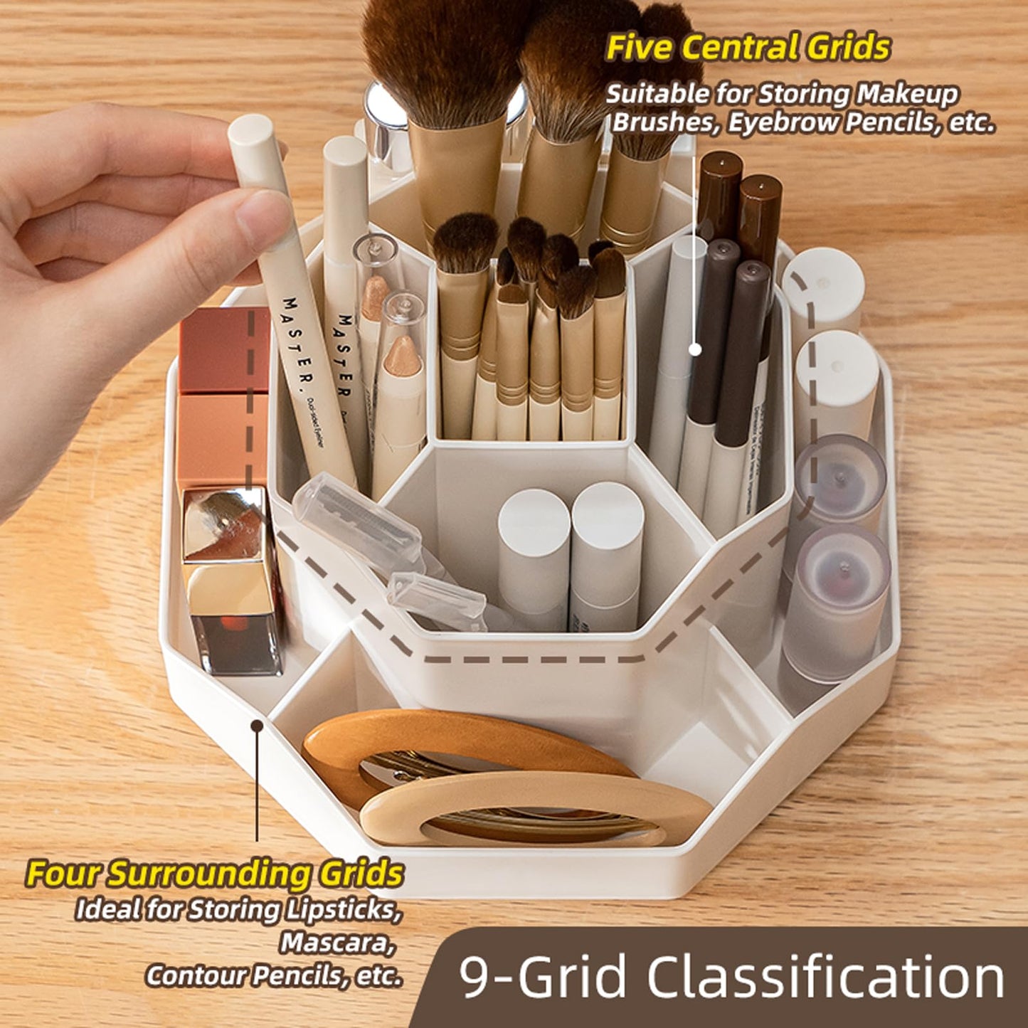 TNDCKP 360° Rotating Makeup Brush Holder Organizer with 9 Slots, Makeup Organizers Countertop, Makeup organization and Skincare Storage for Vanity, Desktop, Bathroom (WHITE)