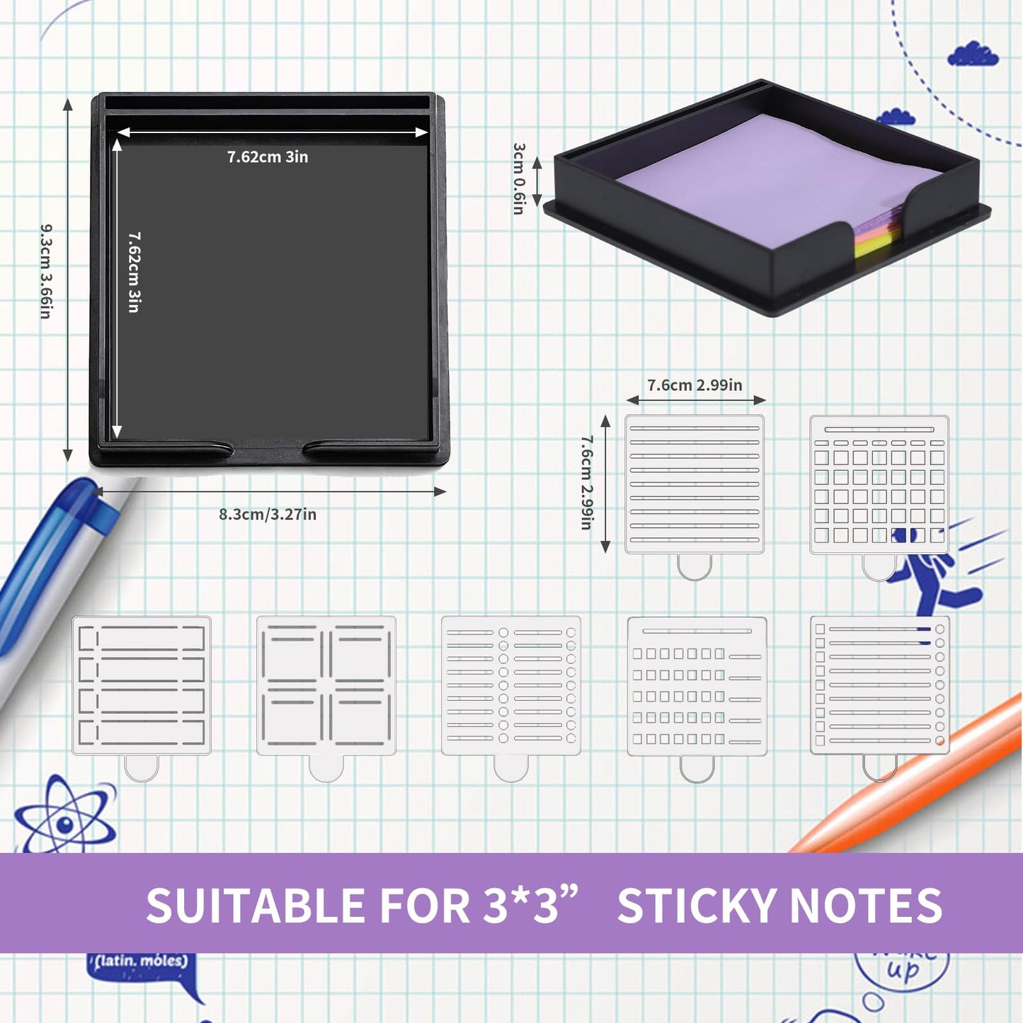 BESARME Sticky Note Holder 3x3 Sticky Note Stencil with 7 Template, Sticky Note Stencil and Holder Note Dispenser for Desk Home Office