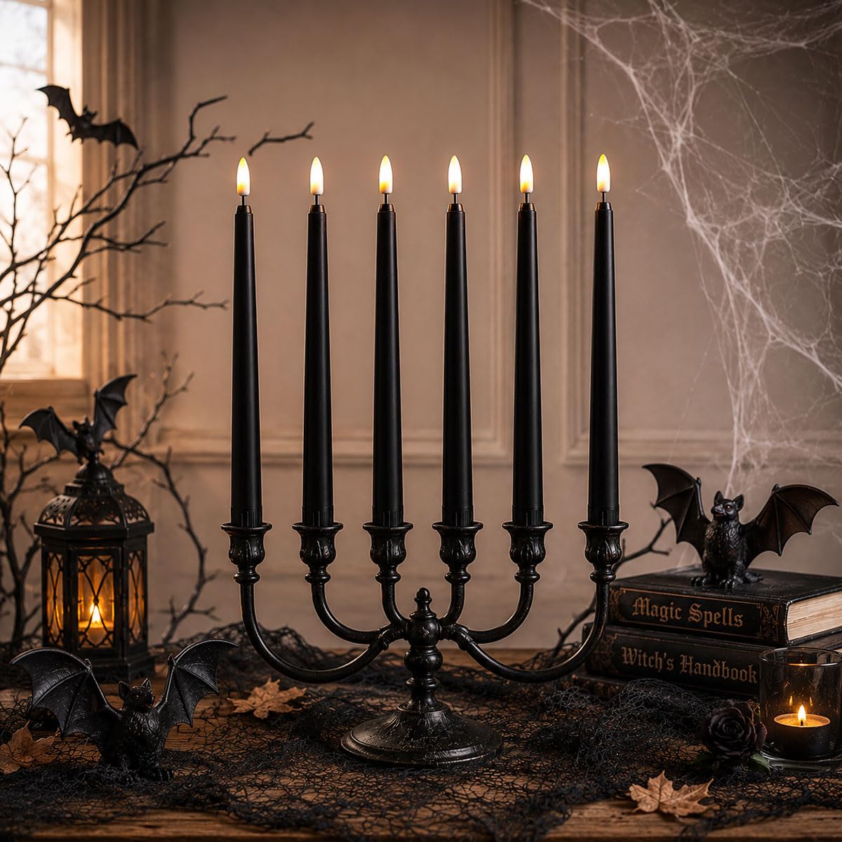 Datomarry Pack of 12 Black Body Flickering Flameless Taper Candles,11 inch Warm White Glow Plastic Battery Powered Realistic Christmas Candles Lights