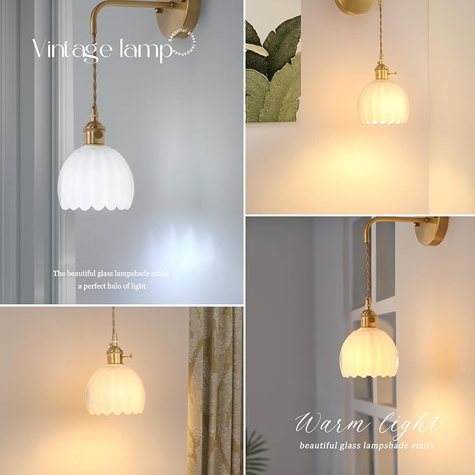 Vintage Wall Sconce with White Tulip Shade Pattern Glass Adjustable Chain Retro Gold Wall Mounted Light, Modern Wall Lamp Fixtures Decor for Bedside Bedroom Indoor Doorway