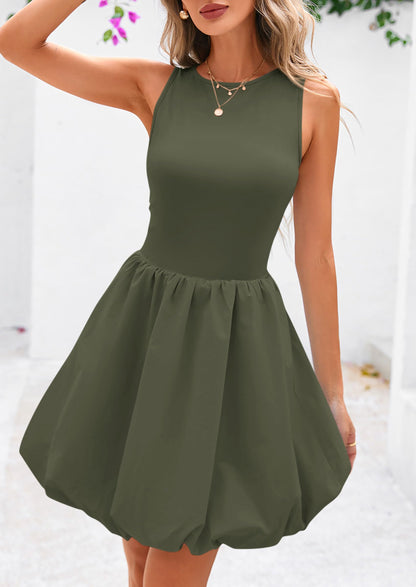 PRETTYGARDEN Summer Dresses for Women 2025 Casual Sleeveless Tank Mini Short Dress Crew Neck Bubble Sundress with Pockets (Army Green,Medium)