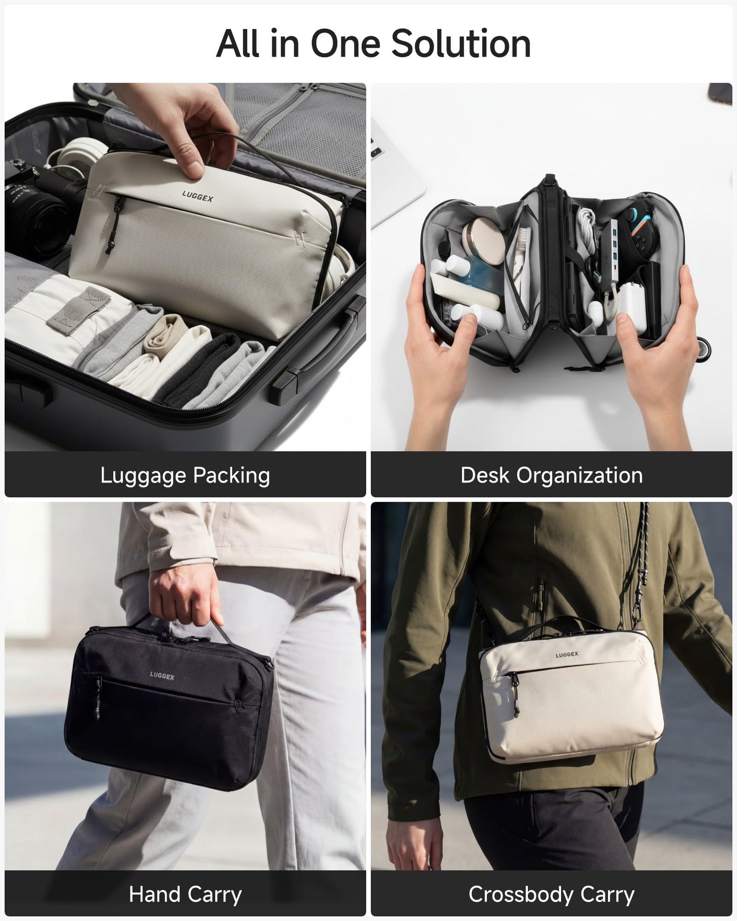 LUGGEX Large Tech Pouch, Cable Organizer Bag with Removable Crossbody Strap, Dual Accessories Bag & Water Resistant for Kindle, Chargers, Cord, Earphone for Travel Office All-in-One, Black