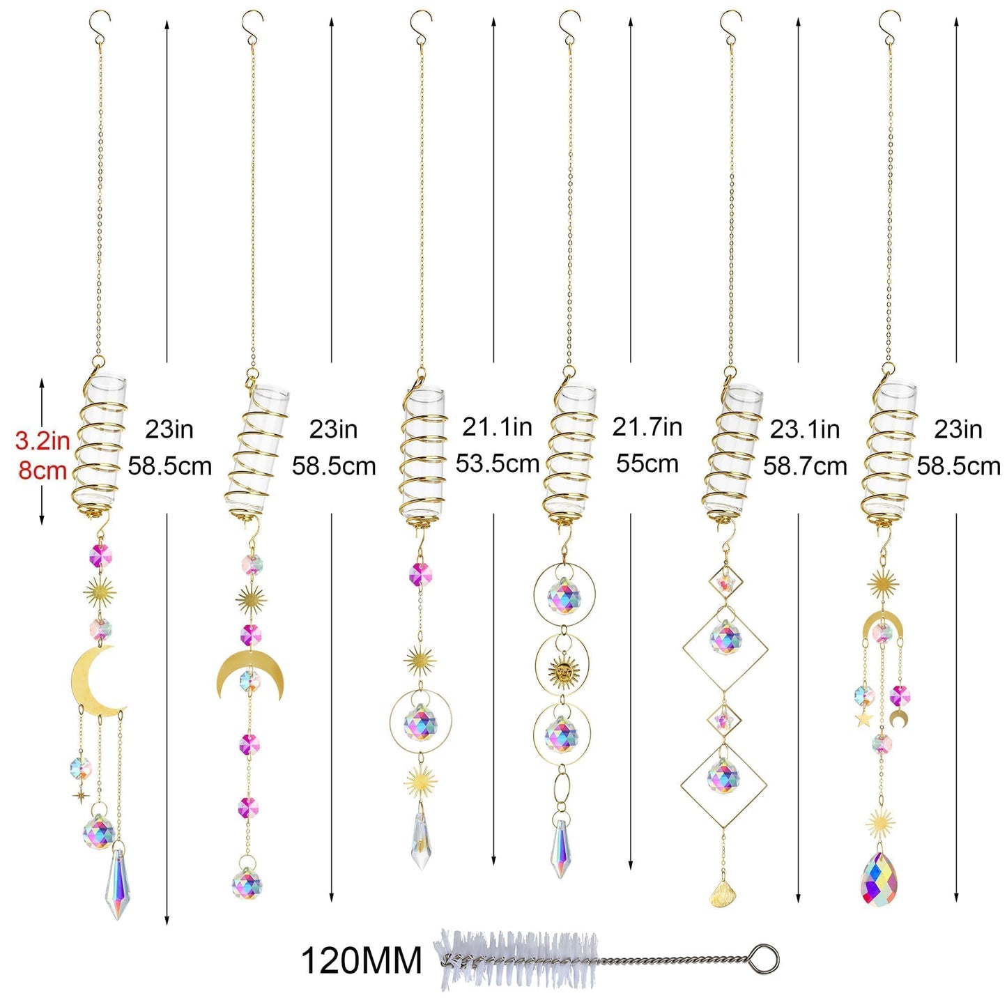 HDCRYSTALGIFTS 6Pcs Crystal Suncatchers with Propagation Stations,Glass Wall Planters for Indoor Plants Hydroponics - Propagation Tubes Jars with Sun Catchers Metal Chain for Home Whimsical Decor
