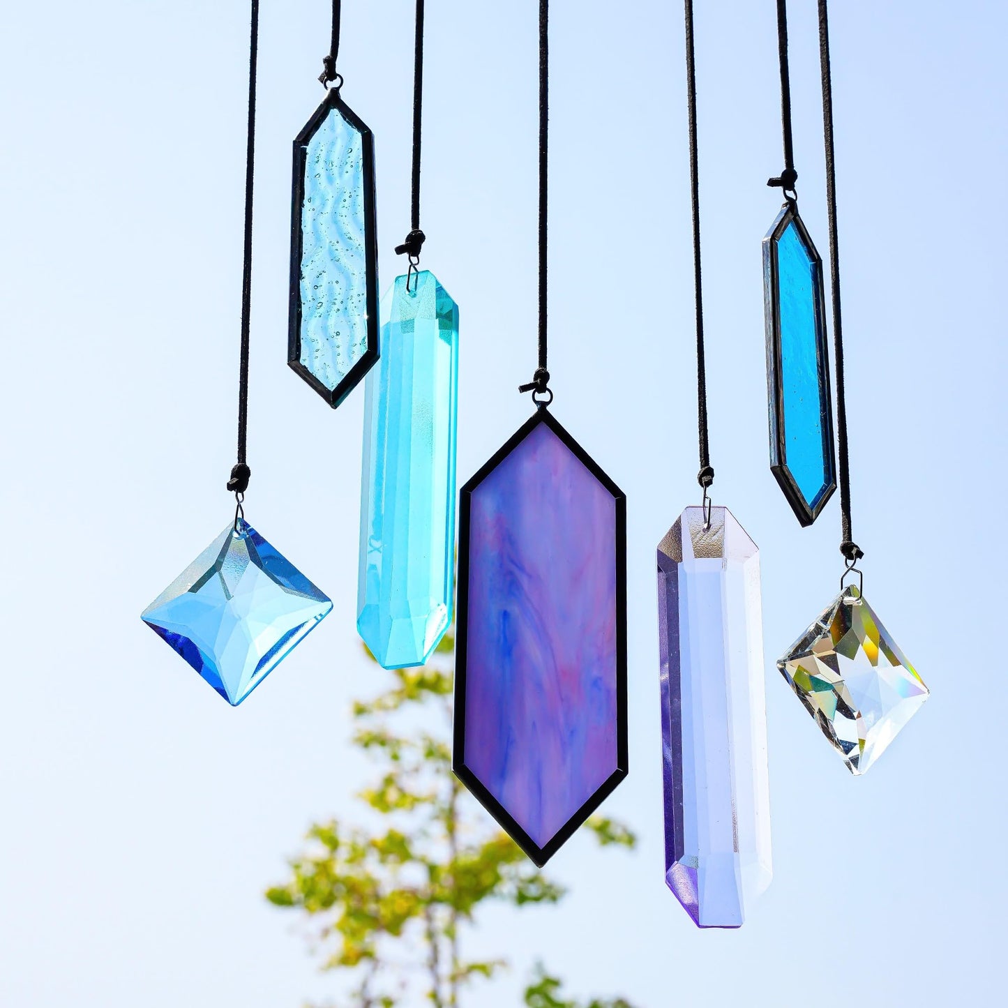 HDCRYSTALGIFTS Set 7 Crystal Blue Dreams Sun Catchers Window Hanging Ornaments Stained Glass Suncatchers Kit for Window Indoor Home Garden Decor