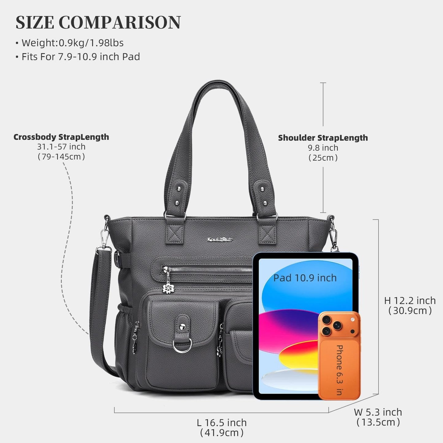 KouLi Buir Large Crossbody Bag for Women, Shoulder Bag Tote Handbag with Adjustable Strap, Vegan Leather Hobo Bags for Work Travel(Charcoal Gray)