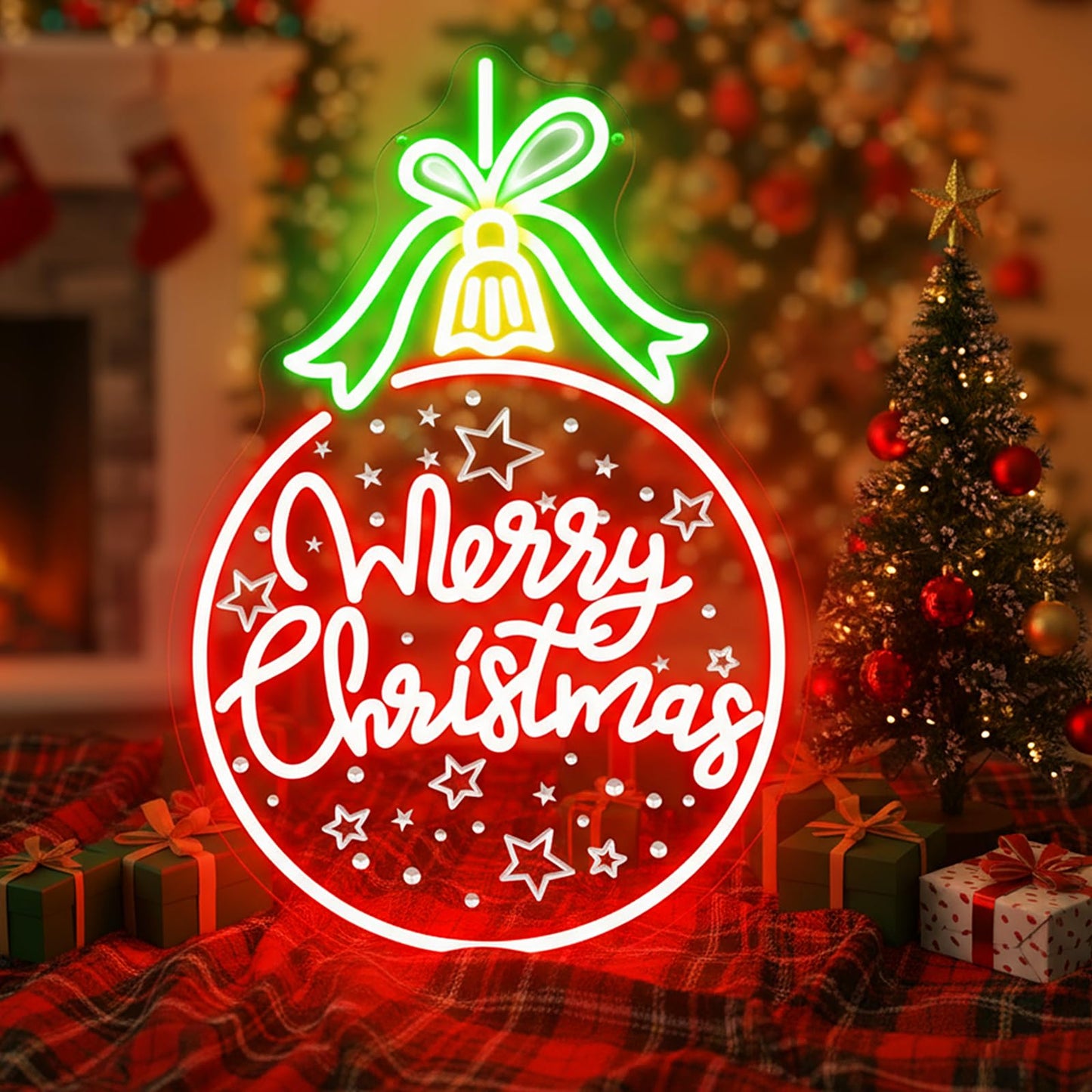 Red Christmas Ball Ornament with Green Bowknot, LED Light-Up "Merry Christmas" Lettering, Engraved Star Patterns, USB-Powered with 5 Brightness Levels, Festive Hanging Decoration 17.7″×12.2″