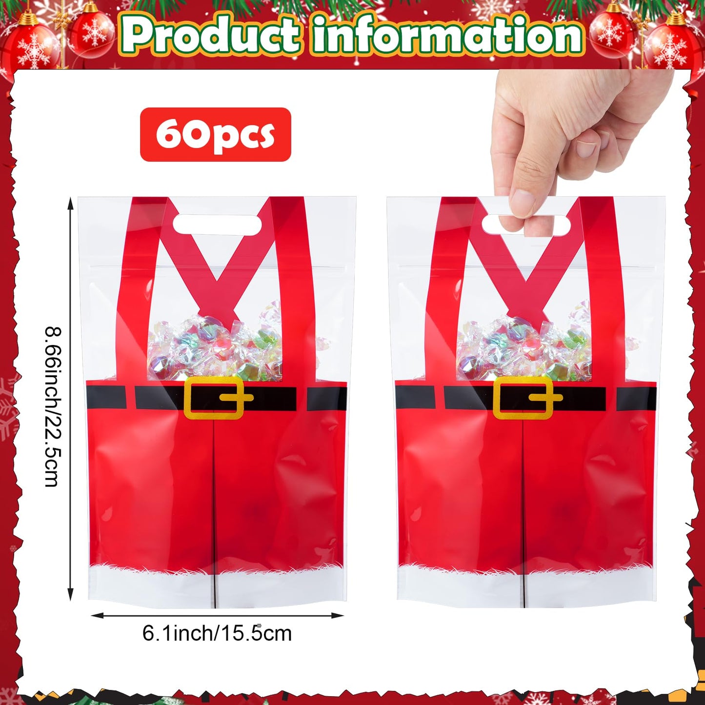 Shemilly 60pcs Christmas Treat Bags,Christmas Plastic Resealable Candy Gift Bag with Handle,Transparent Santa Pants Sealing Goodie Pouch for Xmas Winter Holiday Party Favors Decorations,9X6inch