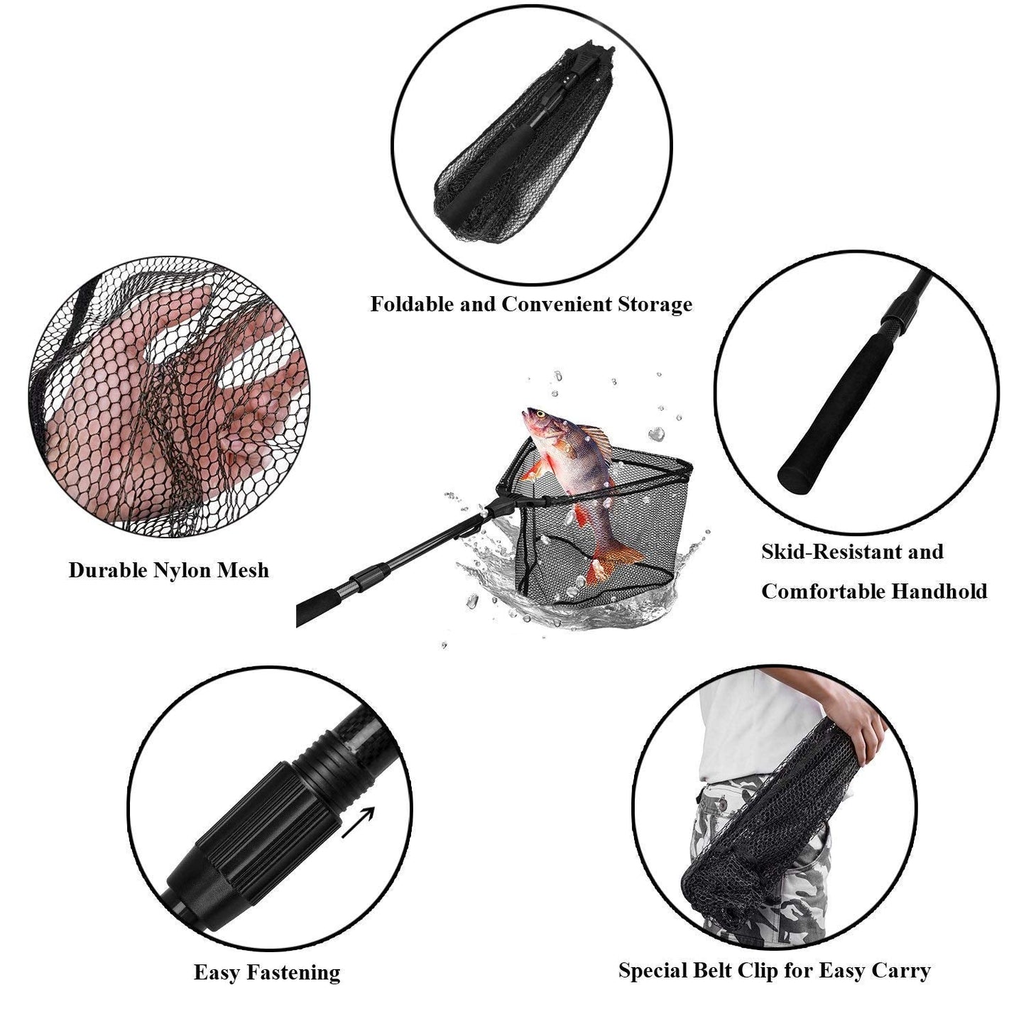 PLUSINNO Fishing Net Fish Floating Landing Net, Kayak Nets with Fixed Foldable Telescopic Pole Handle,Bass Trout Fishing Nets with Nylon Mesh for Pond Lake River,Fishing Gear Gifts for Men,Black 1.2M