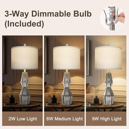 28" Vintage Table Lamps for Bedroom,Antique Bedside Lamp for Living Room with USB A+C Ports,Glass Table Lamps with Linen Shade,3-Way Dimmable Bulb,Nightstand Lamp for Home Hotel Decor(Bulb Included)