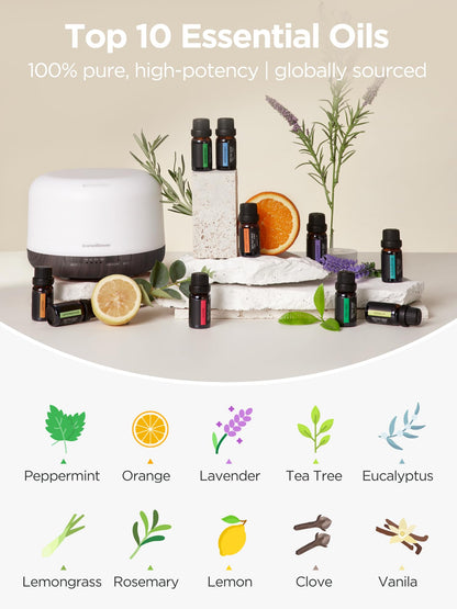 InnoGear Aromatherapy Diffuser & 10 Essential Oils Set, 500ml Essential Oil Diffuser with Remote Control Ultrasonic Cool Mist Scent Humidifier Vaporizer Auto-Off Timer for Room Office Home, Yellow