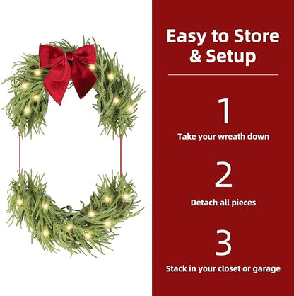 26 Inch Christmas Wreaths for Front Door with Lights,Lighted Norfolk Pine Door Wreath,Prelit Real Touch Artificial Green Winter Wreath with Large Burgundy Velvet Bow for Indoor Outdoor Decor
