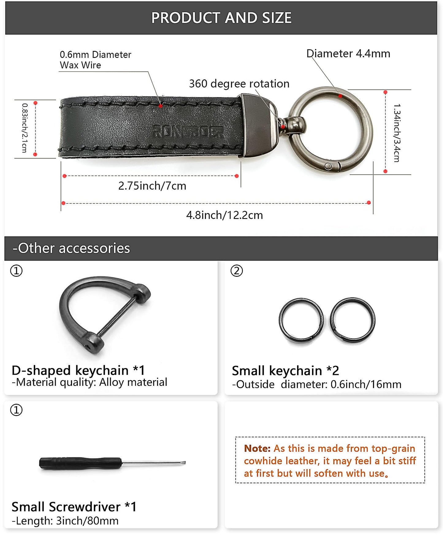 RONGBOER Handmade Double-Sided Cowhide Leather Keychain,Unique Car Key Chain Accessory,Vegetable-Tanned and Nubuck Leather,R07 (black)