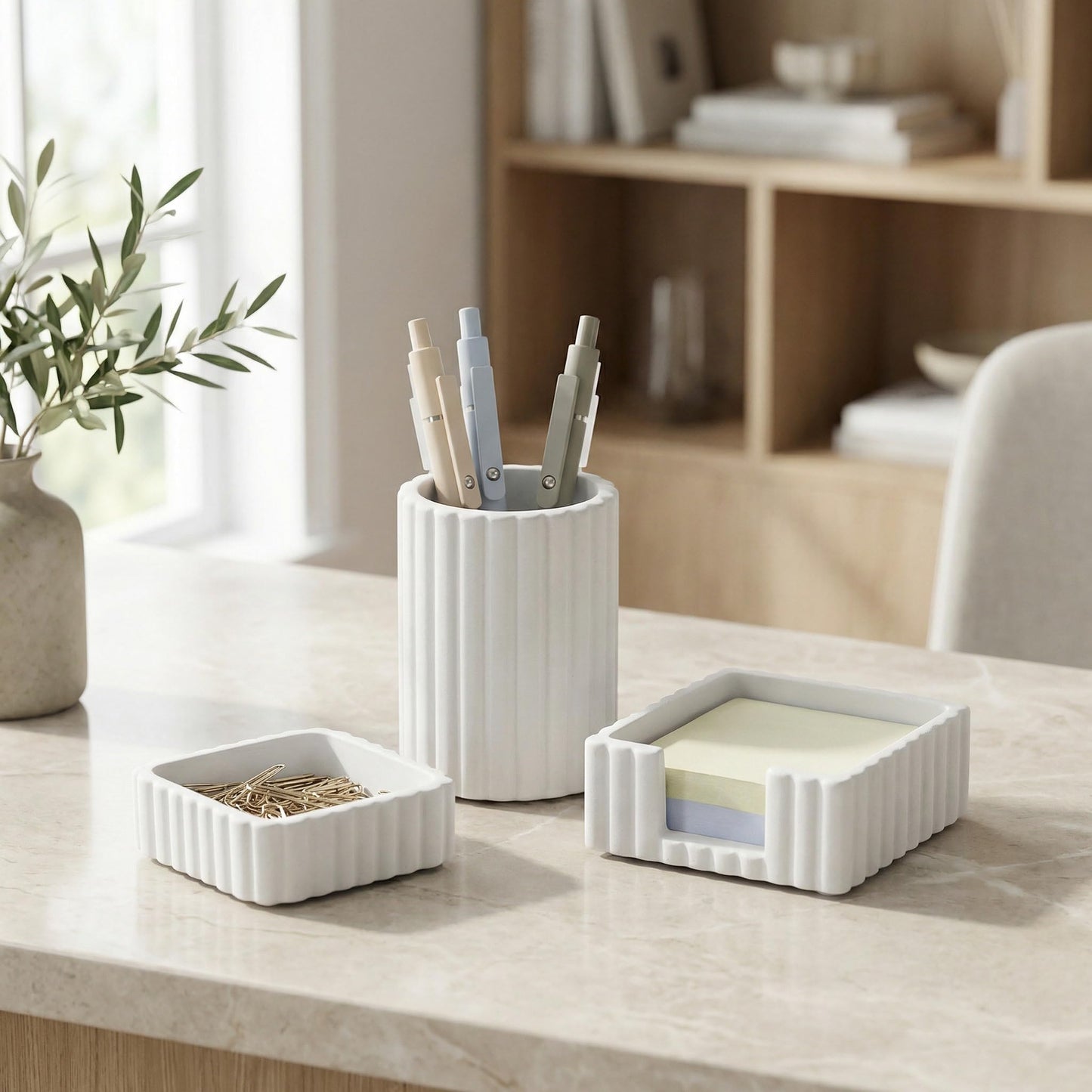 KIBAGA Modern Aesthetic Desk Accessories Set of 3 - Stylish Concrete Organizers for Pens & Office Supplies - A Cute and Functional Addition to Your Workspace Decor