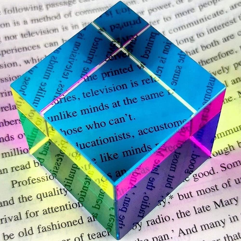 Twiddler Toys Color Mixing Cube with Display Stand – 2 Inch (50mm) Cyan, Yellow, & Magenta Acrylic Prism Optical Physics Desk Decor – Satisfying Silent Fidget Toy
