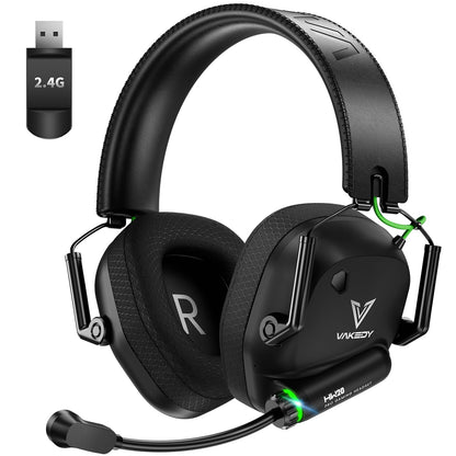 Vakedy Wireless Gaming Headset for PC, PS5, PS4, Mac, Switch, 2.4GHz USB Dongle Headphones with Mic, Bluetooth 5.4, 50mm Driver, Stereo Sound, Cool Lighting, 50H Battery-Black/Green