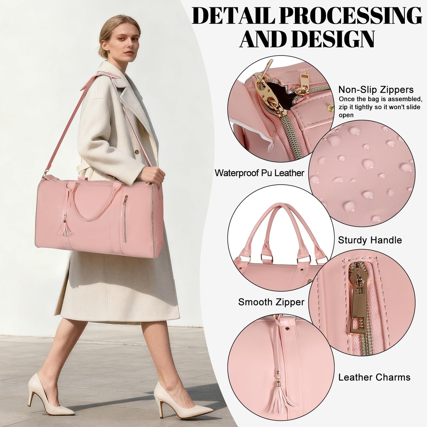 Geestock Convertible Garment Duffle Bags for Travel, Carry On Garment Bag with Shoe Pouch & Shoulder Strap - PU Leather Foldable Travel Duffle Bags 2 in 1 Hanging Dress Suitcase Suit Bag, Pink