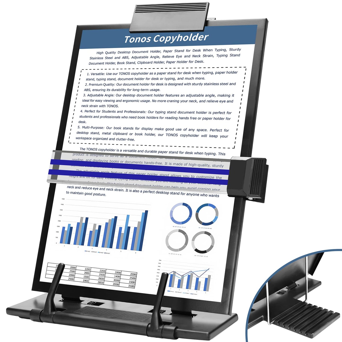 TONOS Paper Stand Document Holder - Quality Document Holder for Desk, Paper Stands for Desk When Typing, Sturdy Stainless Steel Copy Holder, Adjustable Angle, Papers Holder Stand for Desk Typing