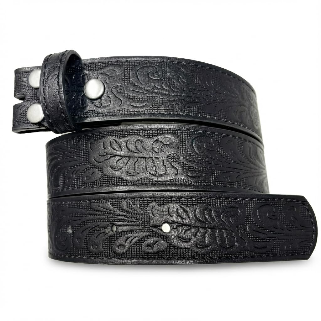 BC Belts Womens Leather Belt Strap with Embossed Western Scrollwork 1.25" Wide with Snaps (Black-M)