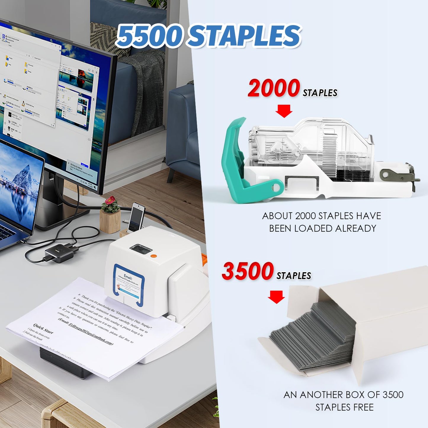 Frifreego Upgraded Electric Stapler, 65 Sheets Capacity, Binding Speed & Margin Adjustable, Automatic Heavy Duty Stapler Including 5500 Staples, Jam-Free