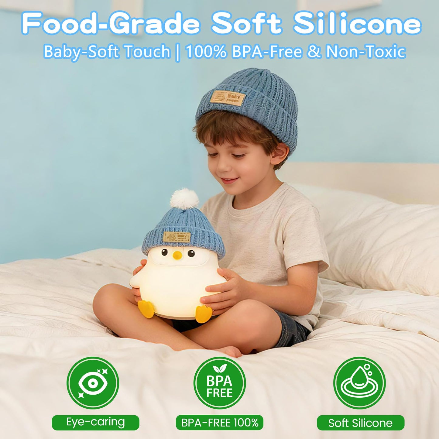 FAMIDUO Penguin Night Light with Knit Hat, Cute Silicone Nursery Lamp - Dimmable Squishy Animal Light - Heartwarming Gift for New Mom, Kids Birthday & Baby Shower - Kids Room Decor