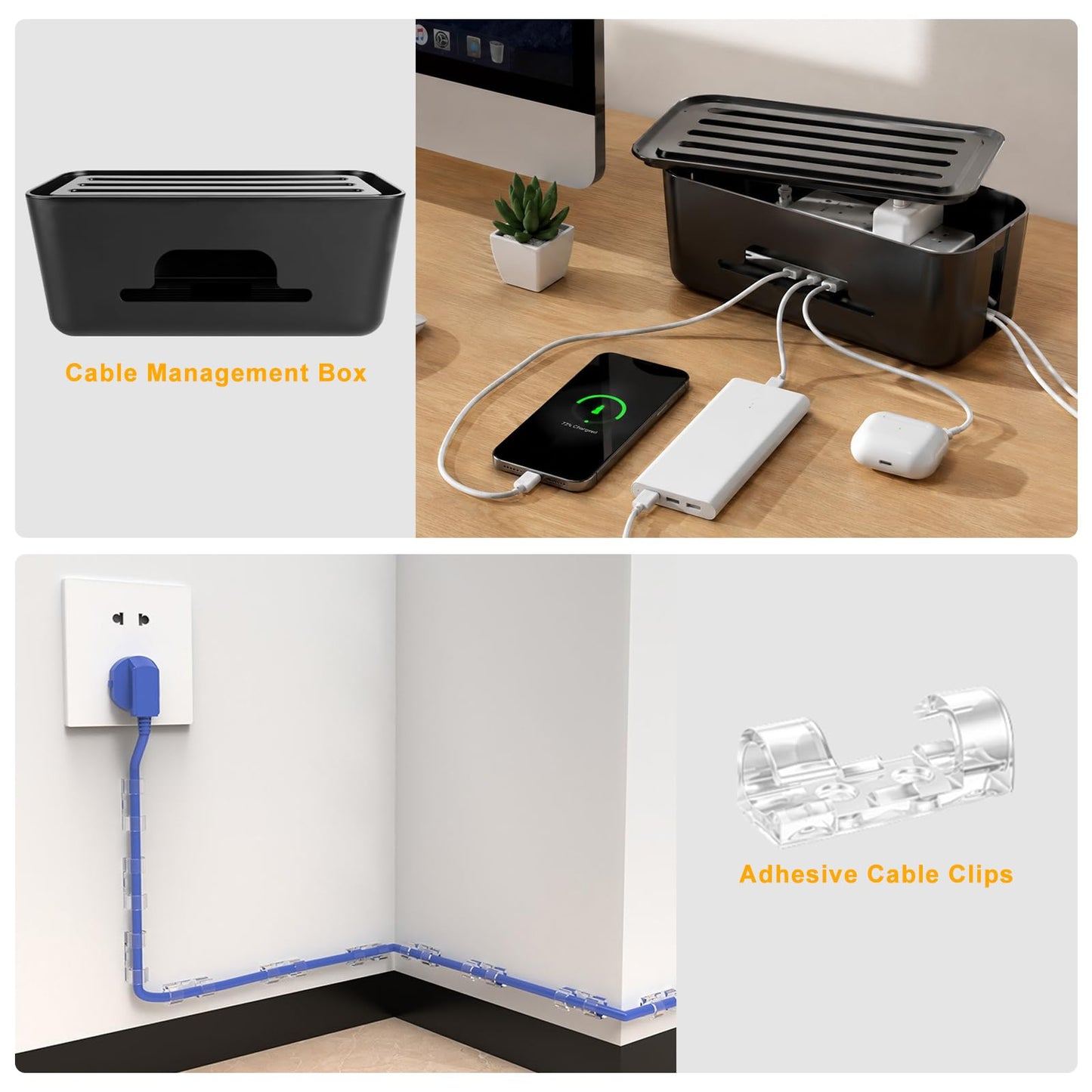 353 PCS Cable Management Kit - 1 Cable Management Box, 4 Cable Sleeve Split, 130 Adhesive Cable Clip, 17 Cable Holder, 1 Roll Cable Organizer Strap, 150 Cable Tie with 50 Mount, for Computer Desk TV