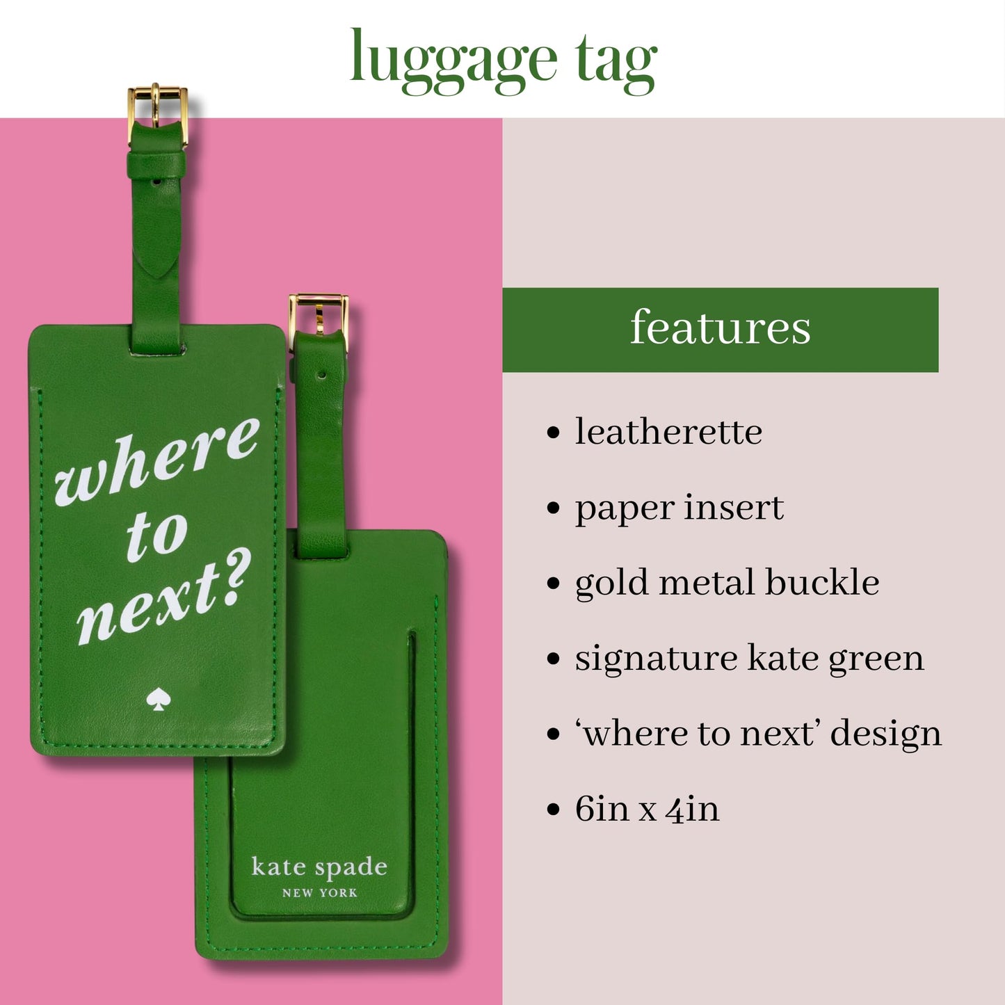 Kate Spade New York Vegan Leather Luggage Tag for Women, Durable Suitcase ID Tag, Where to Next