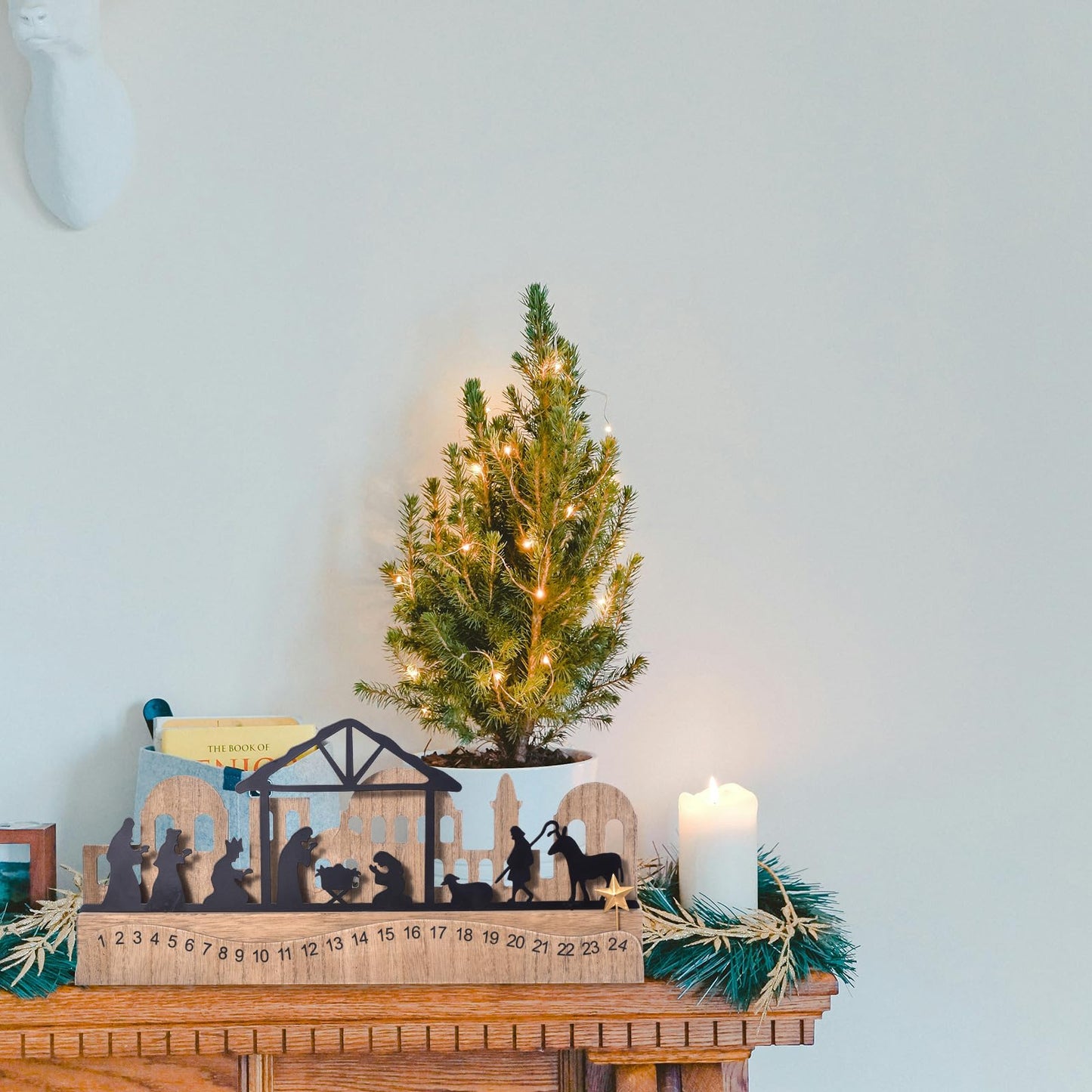 Nativity Sets for Christmas Countdown Calendar, Indoor Rustic Christmas Decor With Wooden Base 3D Design, Xmas Manger Scene for Tabletop Office Shelf Mantel Decoration (Black)