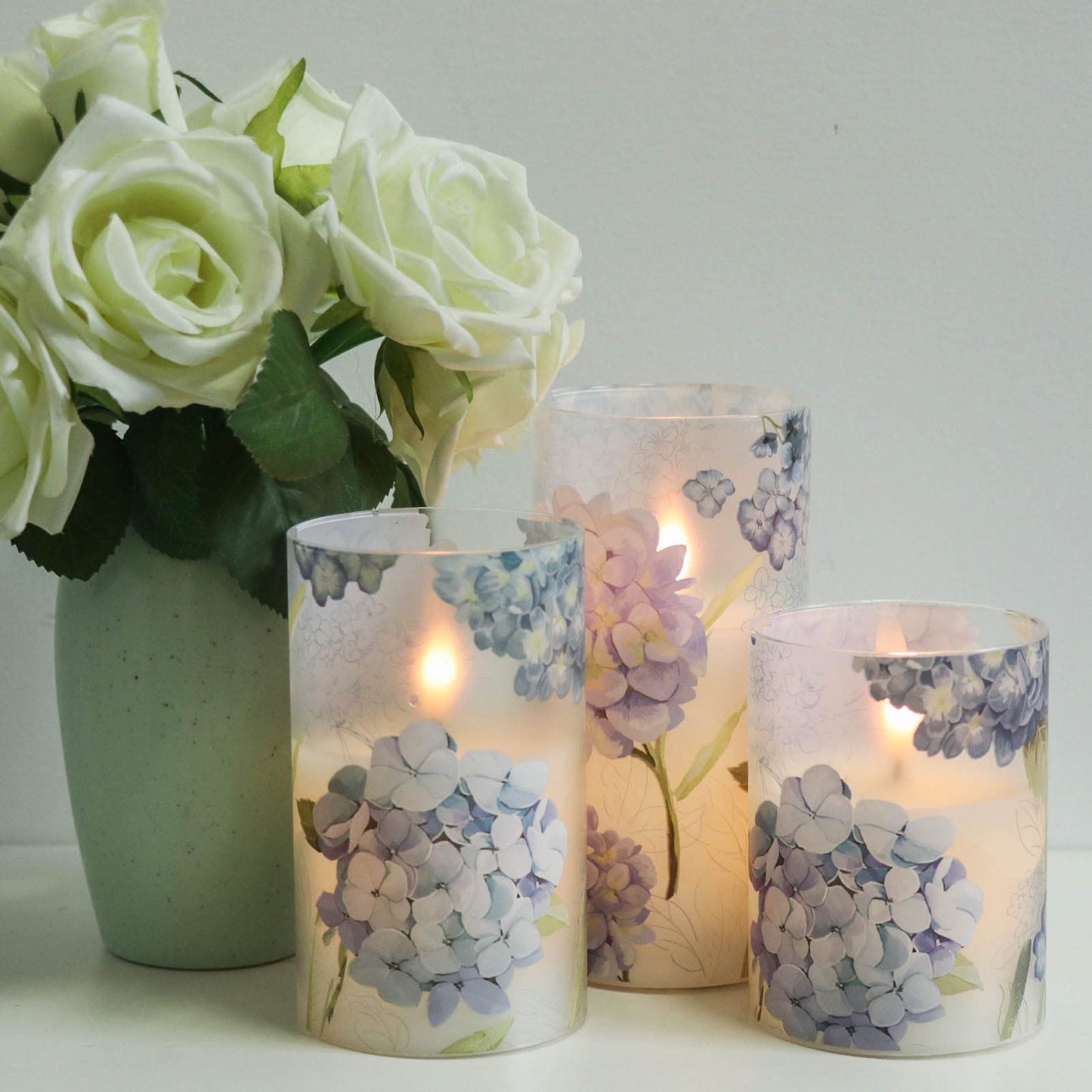 Eldnacele Hydrangea Glass Flameless Candles with Remote and Timer, Realistic 3D Wick Flickering Real Wax LED Window Candle Battery Operated Dinner Wedding Spring Decorations(3 x 4,5,6 Inch)