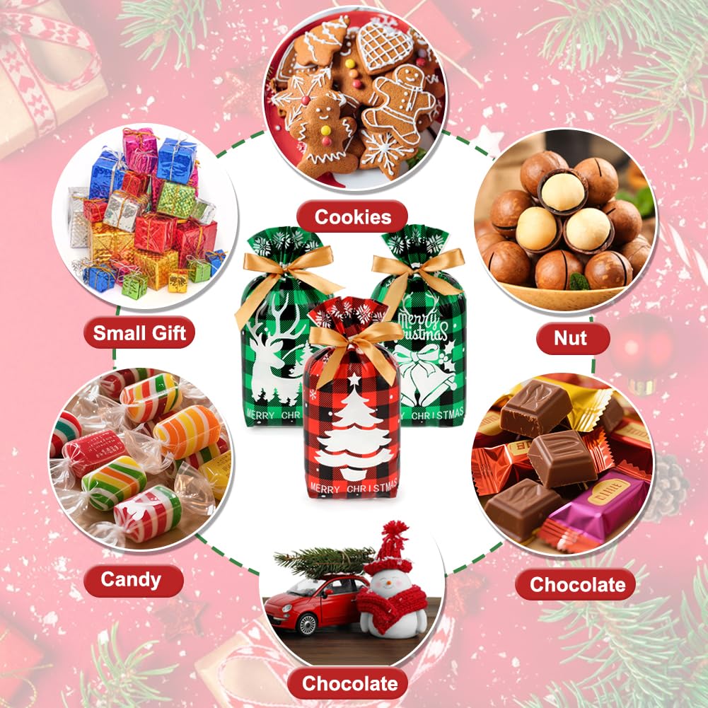 Shintop 50PCS Christmas Treat Bags with Drawstring, 5.9x9inch Buffalo Plaid Small Gift Bags Plastic Holiday Candy Pouches for Cookies Goodie Snacks Party Favors (Red & Green)