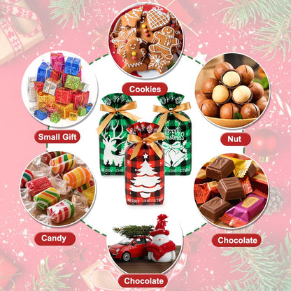 Shintop 50PCS Christmas Treat Bags with Drawstring, 5.9x9inch Buffalo Plaid Small Gift Bags Plastic Holiday Candy Pouches for Cookies Goodie Snacks Party Favors (Red & Green)