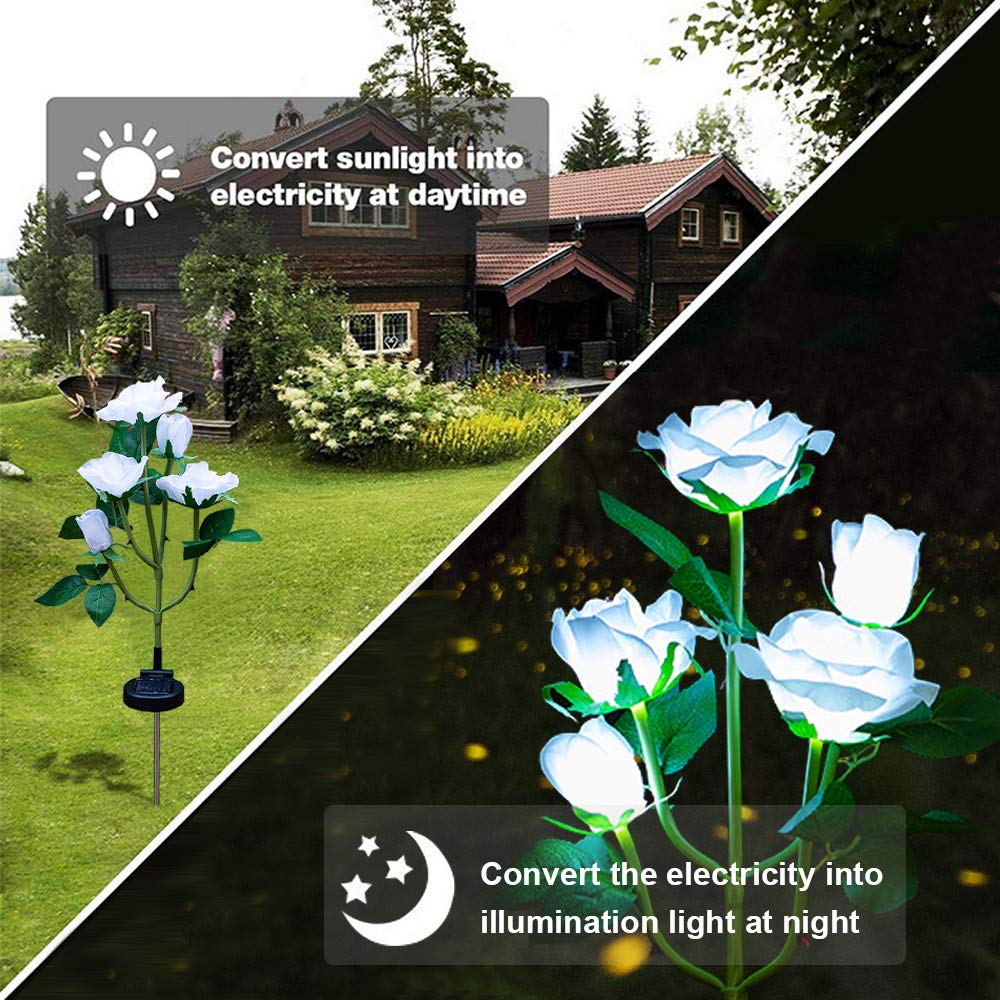Solar Garden Stake Lights, Rose Flowers Lights LED Solar Stake Lights with 5 Roses Waterproof for Garden, Yard, Christmas Pathway, Grave Decor