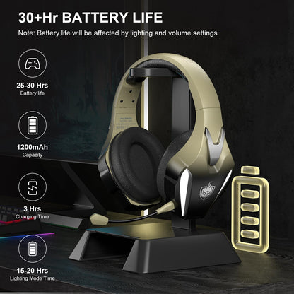 PHOINIKAS Wireless Gaming Headset for PS4 PS5 PC Switch, Wireless Gaming Over Ear Headphones with Detachable Noise Canceling Mic, 7.1 Stereo Sound, Only 3.5mm Wired Mode for XboxSeires -Dazzle Gold