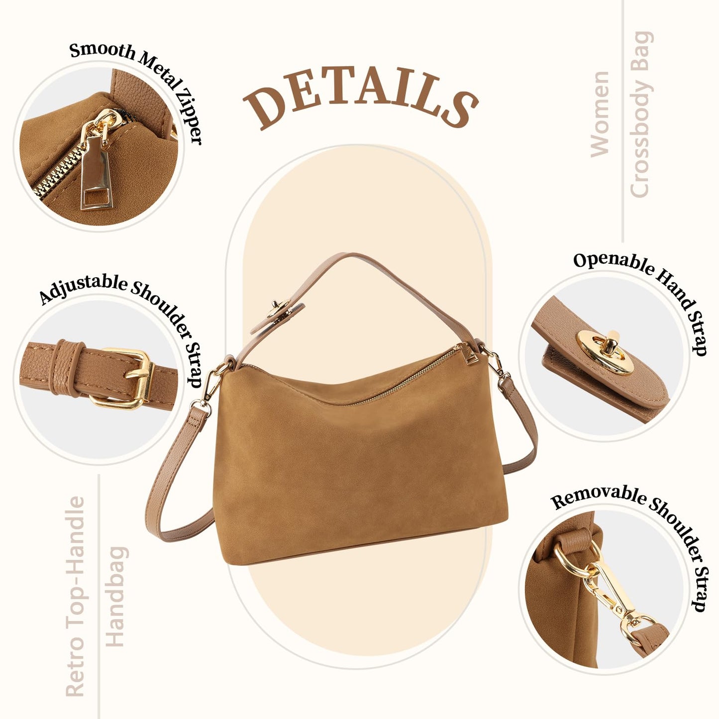 Leather Suede Tote Bags for Women, Brown Suede Purse Handbag Retro Top Handle Bag with Adjustable Strap, Hobo Crossbody Bag Crescent Satchels Shoulder Bag (Brown)