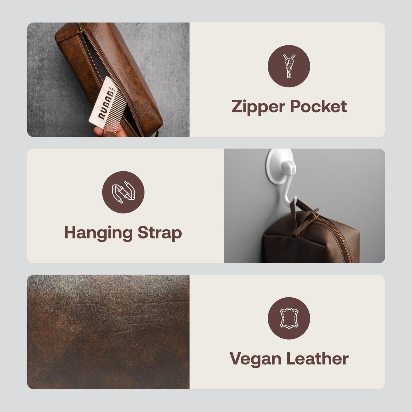 RUBAB MEN Premium Toiletry Kit Bag | Waterproof Vegan Leather Pouch for Men & Women | Cosmetics & Grooming Travel Organiser & Toiletries Bag | Tan Shade