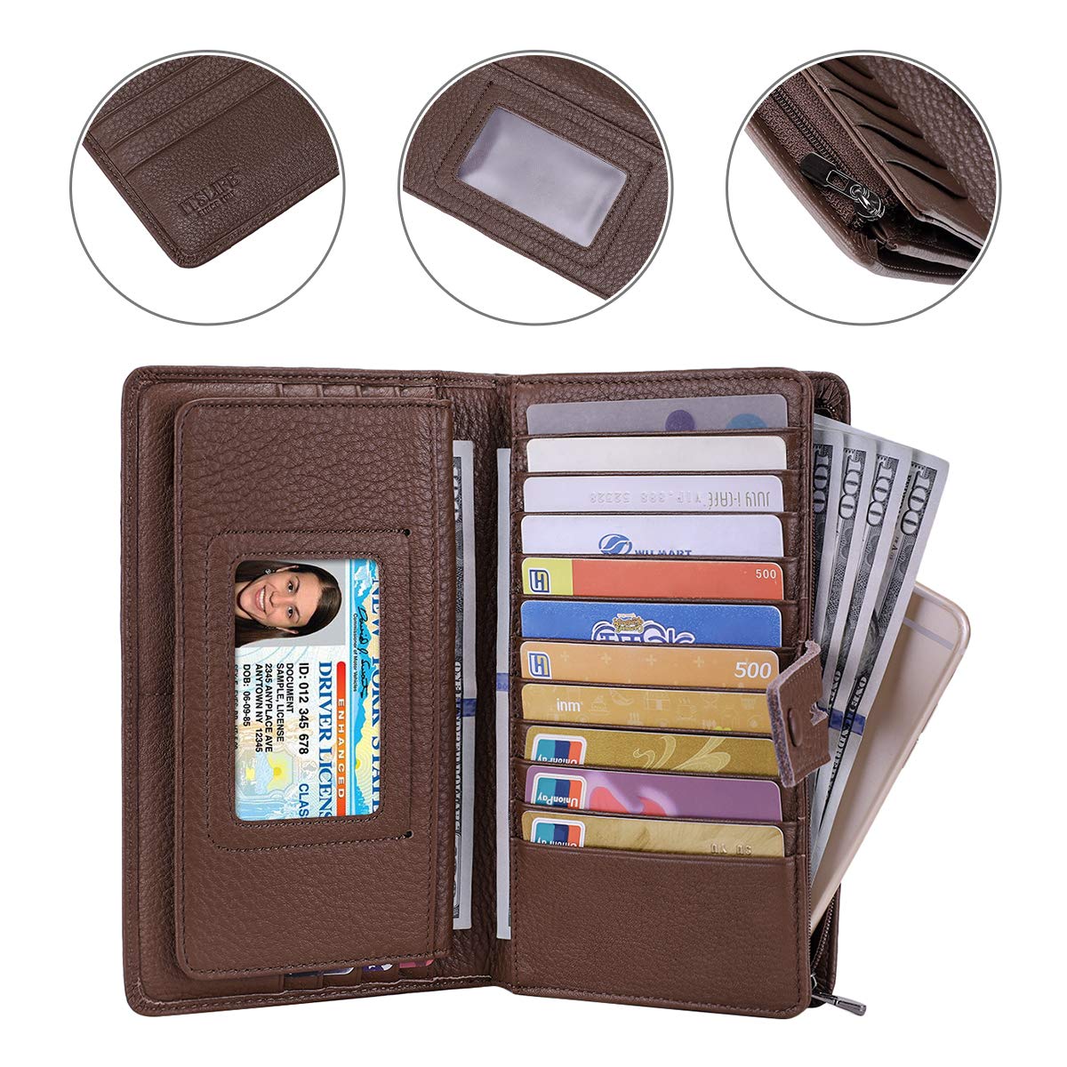 Itslife Womens Wallet,Large Capacity RFID Blocking Leather Wallets Credit Cards Organizer Ladies Wallet with Checkbook Holder,Coffee