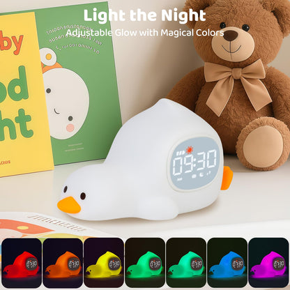 Laying Duck Alarm Clock with Night Light for Kids with Sleep Training and Sound Machine, Rechargeable Silicone Lamp OK to Wake Clock，Cute Animal Tabletop Lamp, Perfect Sleep Companion for Boys Girls