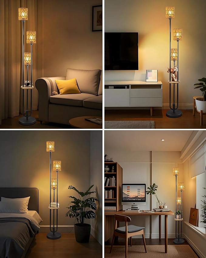 Lightdot Dimmable Boho Floor Lamps for Living Room, 3-Lights Rattan Floor Lamp with Shelves, 3000K Warmwhite Candle Holder Style Farmhouse Floor Lamp, Rustic Black Standing Lamp with Bulbs Included