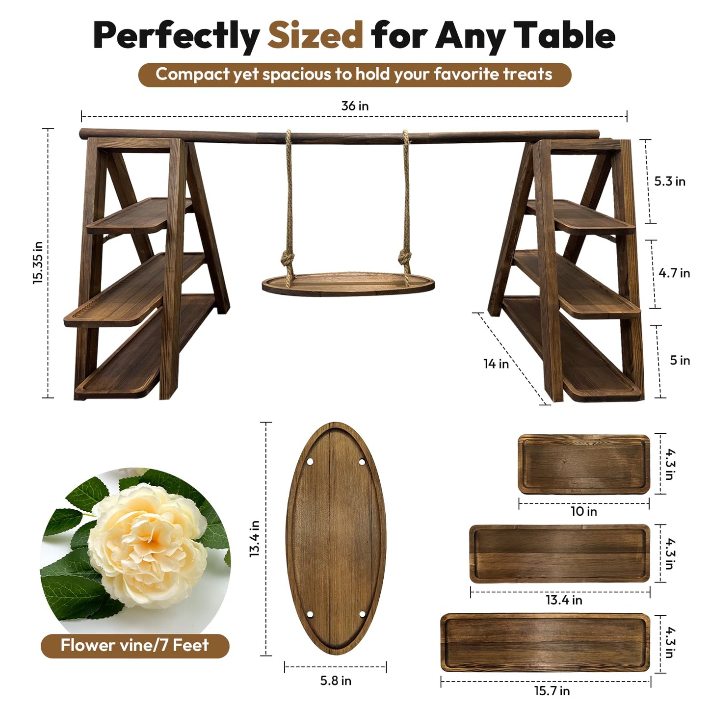 LIOIFIR Wooden 3 Tier Cupcake Stand with Swing, Star String Lights & Champagne Flower Vine, Rustic Dessert Table Display Set, Tiered Food Serving Tray for Party, Wedding, Catering Centerpieces