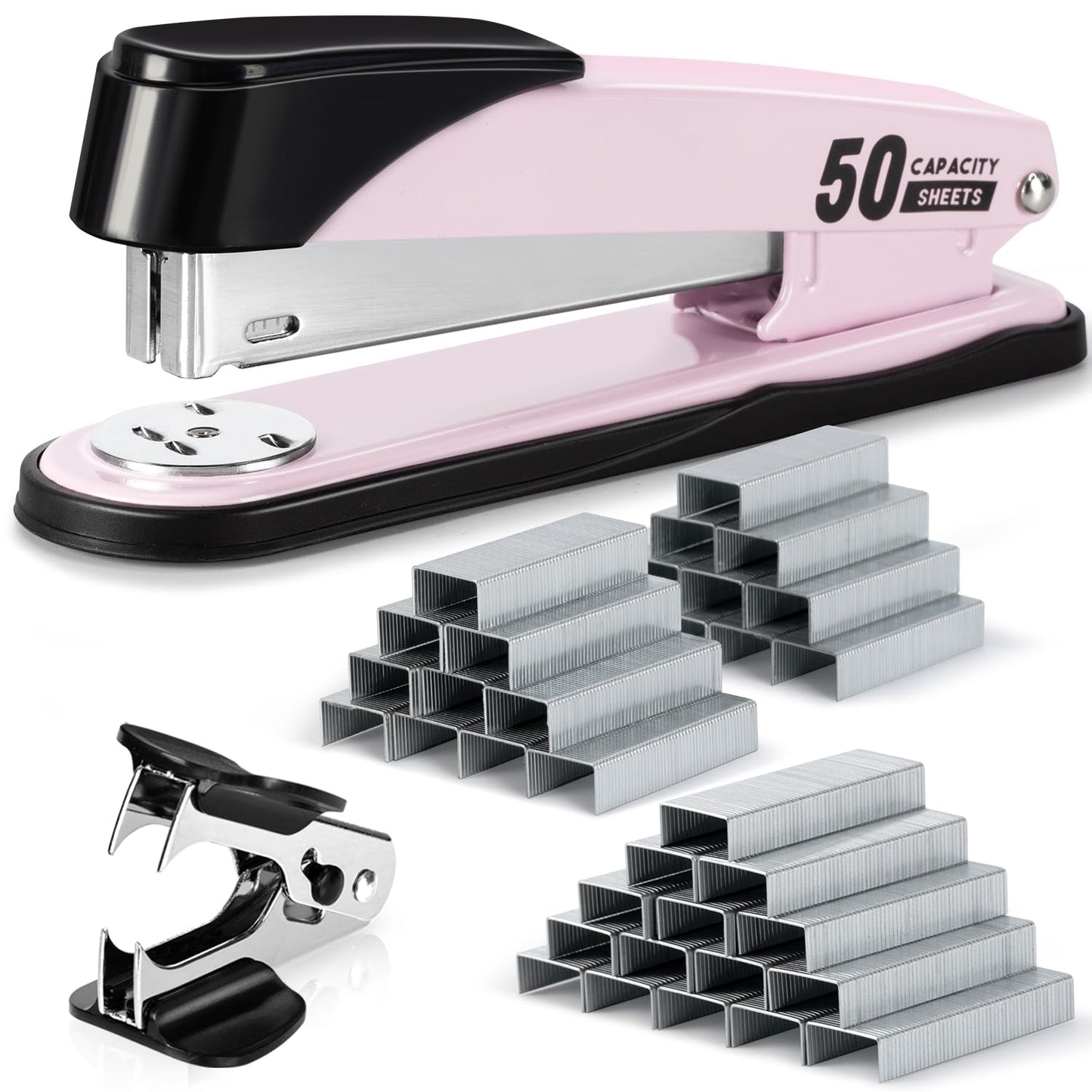 Deli Stapler Heavy Duty, Full Strip Staplers for Desk with 2000 Staples and Staple Remover, 50 Sheet Capacity, No Jam, Non-Slip Office Stapler with Staples for Office, Classroom, Pink